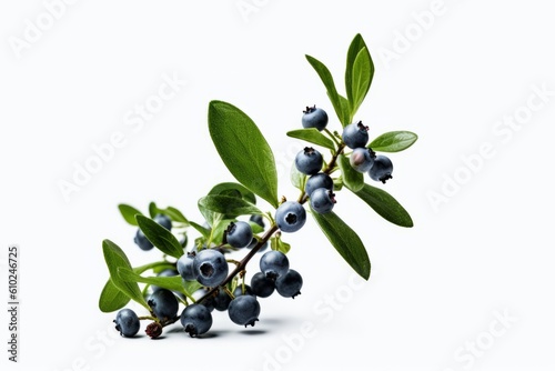 small and slimm blueberries tree branch with green leaves nature on air white background generative AI