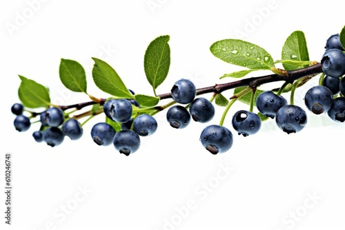 small and slimm blueberries tree branch with green leaves nature on air white background generative AI
