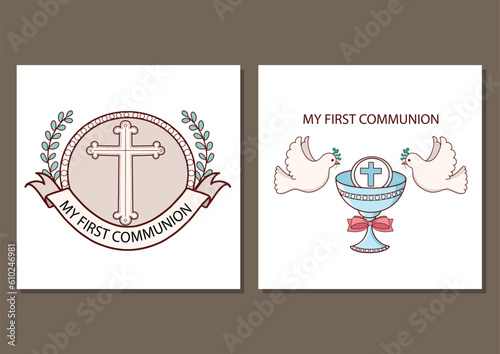 First communion card template vector illustration design. holy communion