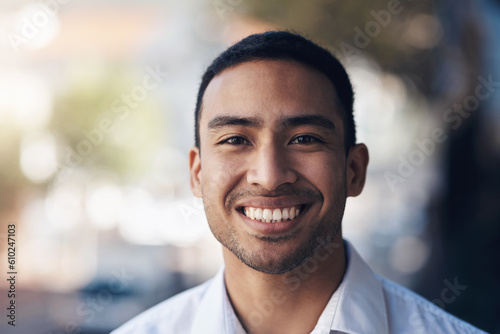 Happy, portrait of a businessman and smile in a mockup space in Mexico. Happiness or enjoyment, confident or proud man and cheerful or excited male person in urban street smiling for good news