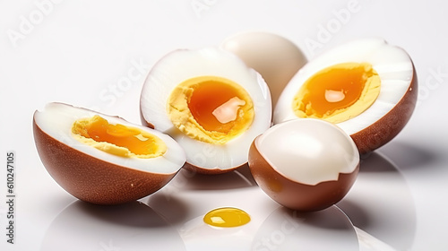 Sliced soft boiled eggs on white background. Generative AI