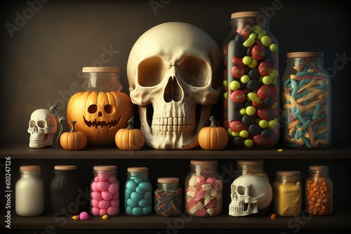 Jars and skulls on the display shelf. Traditional sweets with a skull for Halloween, generative AI.