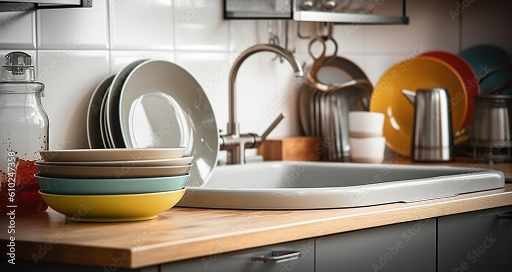 Spotless and Ready, Clean Dishes Set Near the Kitchen Sink on the Counter. Generative AI Spotless and Ready, Clean Dishes Set Near the Kitchen Sink on the Counter. Generative AI