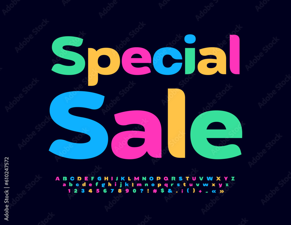 Vector colorful advertisement Sale Alert. Bright Stylish Font. Modern Alphabet Letters, Numbers and Symbols set