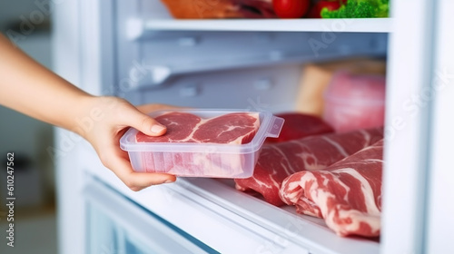 Preserving Freshness, Woman Placing Raw Meat in the Refrigerator for Proper Storage. Generative AI