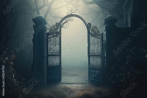 Entrance to dungeons and hell. A large wrought-iron gate to the garden, the park in an eerie fog, generative AI.