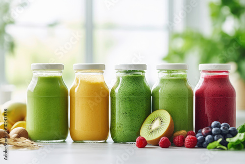 glass bottles of different fruit, vegetable, berry smoothies on the white table in sunny kitchen, Generative AI