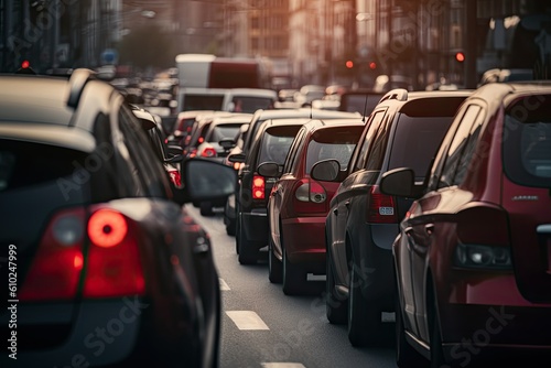 Traffic jam in the city close-up. Generative AI © Iryna
