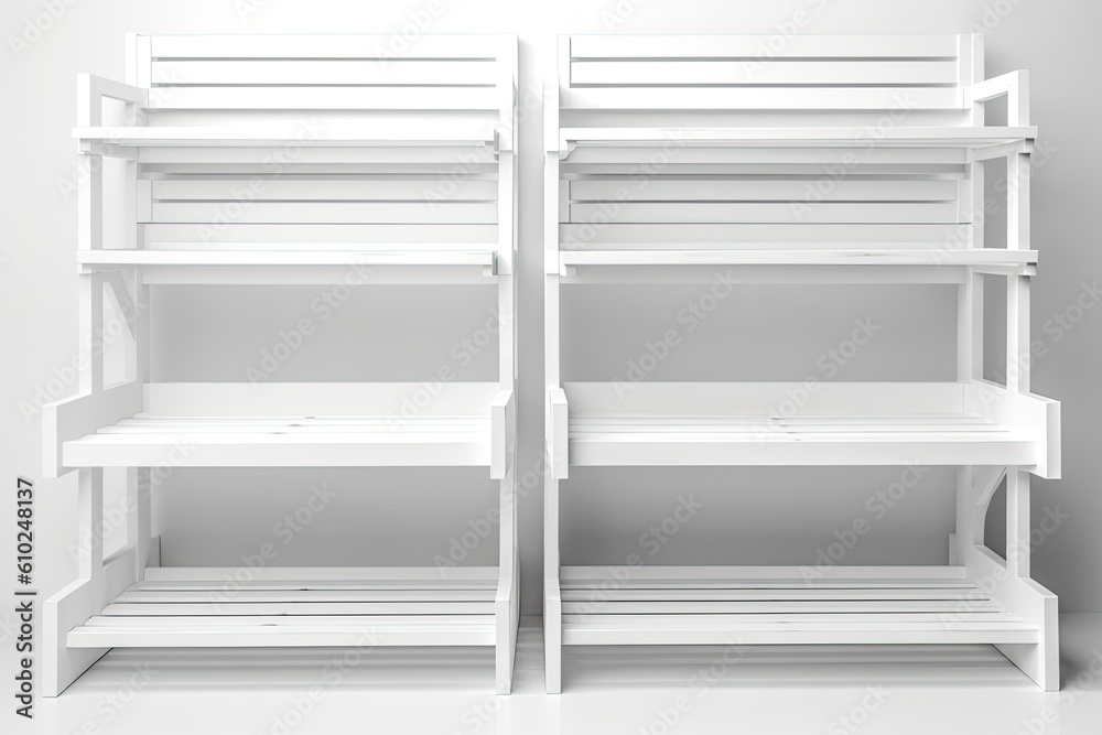 White wooden empty shelves. Showcase with retail. Shelves ready for design. Generative AI White wooden empty shelves. Showcase with retail. Shelves ready for design. Generative AI