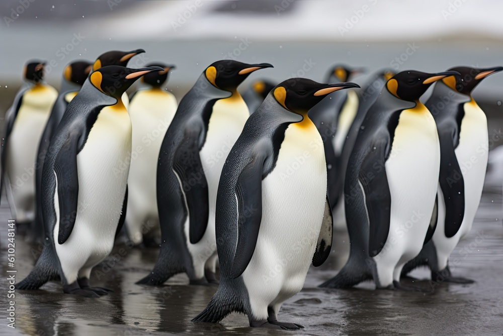 Obraz premium A colony of emperor penguins walking in a row in nature. Generative AI