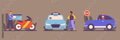 People learn to drive vehicles. Set of illustrations about driving school. Young man gets motorcycle license, male character tries to drive car. Driving test