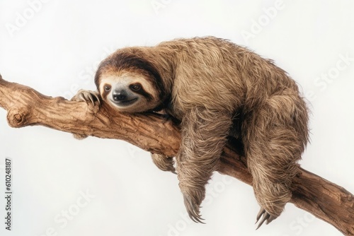 Sloth lies and rests on a big branch isolated on white background. Generative AI photo