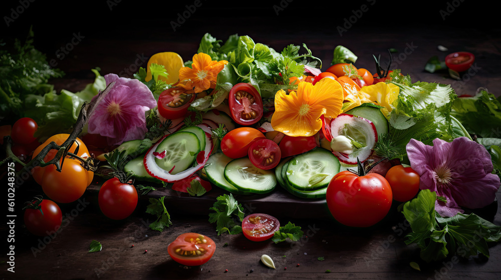 The photo showcases a colorful and appetizing salad plate filled with fresh ingredients. Crisp lettuce forms the base, complemented by juicy tomatoes, crunchy cucumbers, vibrant purple cabbage, and gr