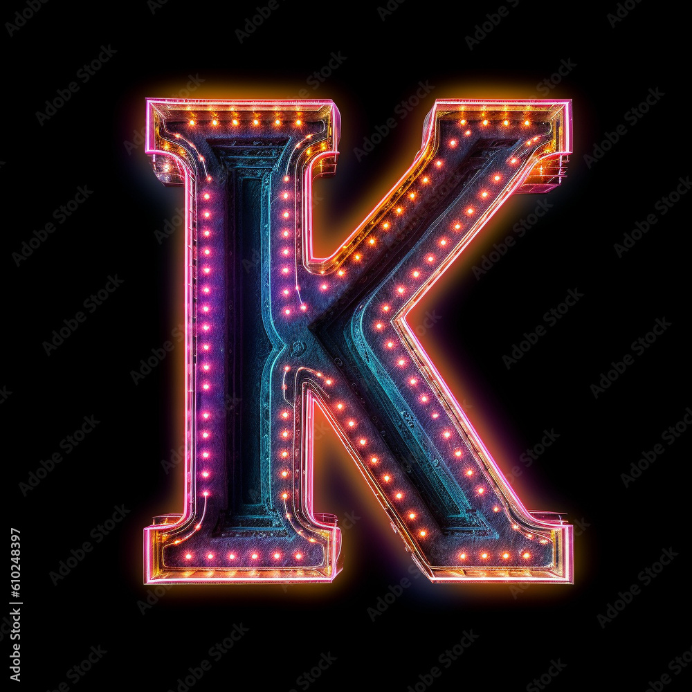Generative ai. Capital letter K neon color on black background