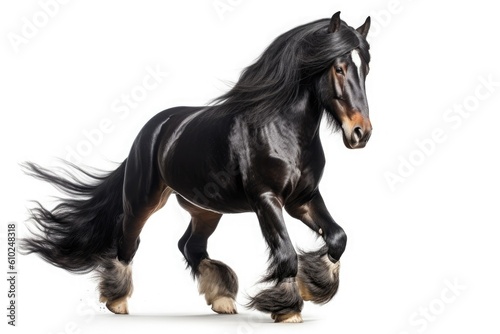 Beautiful black horse of friesian breed galloping isolated on white background. Generative AI