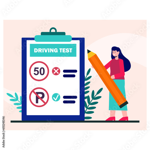 Female character takes driving test. Woman tests her knowledge of traffic rules. Theoretical exam at driving school. Knowledge of road signs. Color vector illustration in flat style