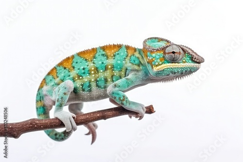 Multi-colored chameleon in full growth sits on a branch on a white background. Generative AI © Iryna