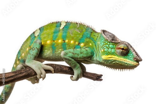 Tropical green chameleon on tree branch isolated on white background. Generative AI © Iryna