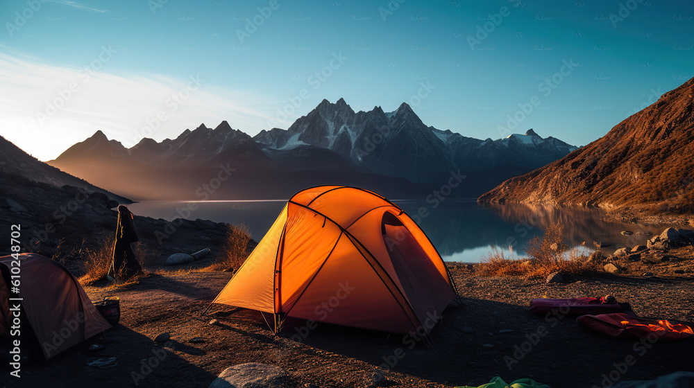Tourist camp in the mountains, tent in the foreground. Generative AI