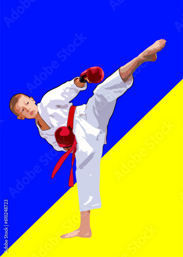 An athlete in a kimono with a red belt and gloves makes a punch. Drawing like a cartoon