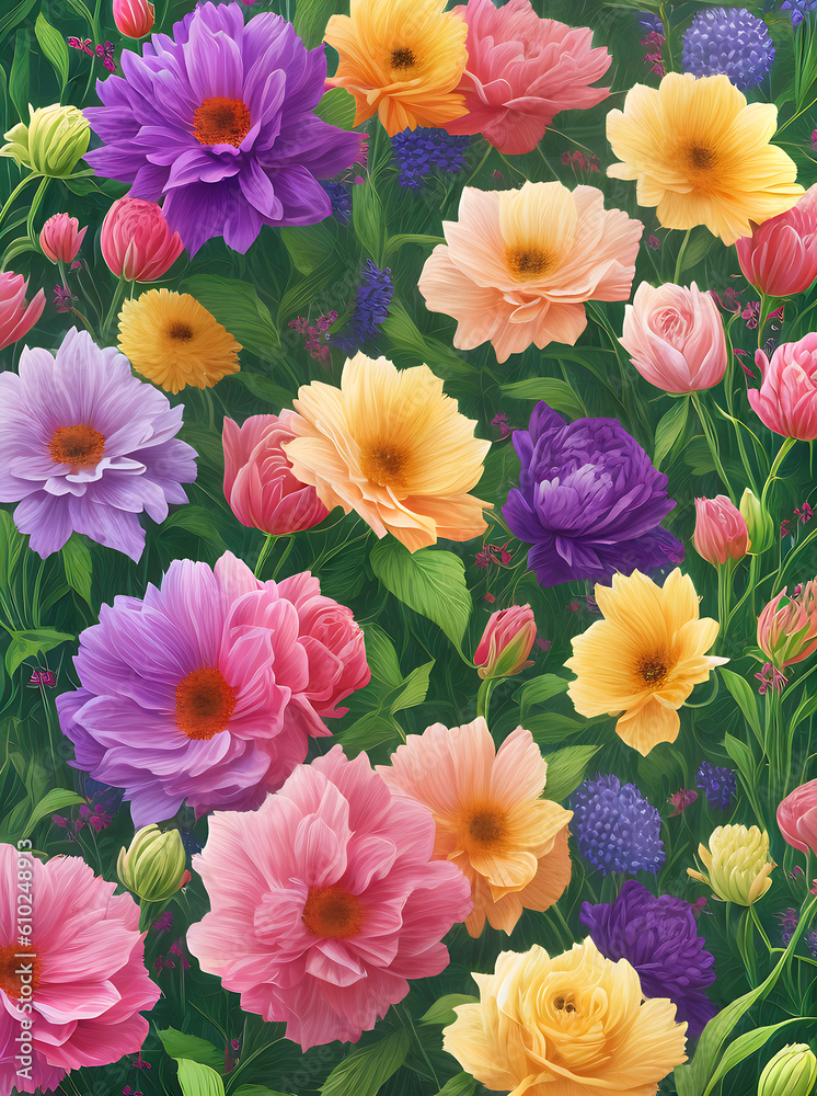 Floral backdrop vibrant realistic pastel tones.