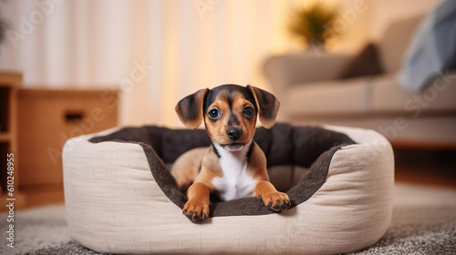 A Funny Puppy's Heartwarming Moments in its Dog Bed at Home. Generative AI © Kingboy
