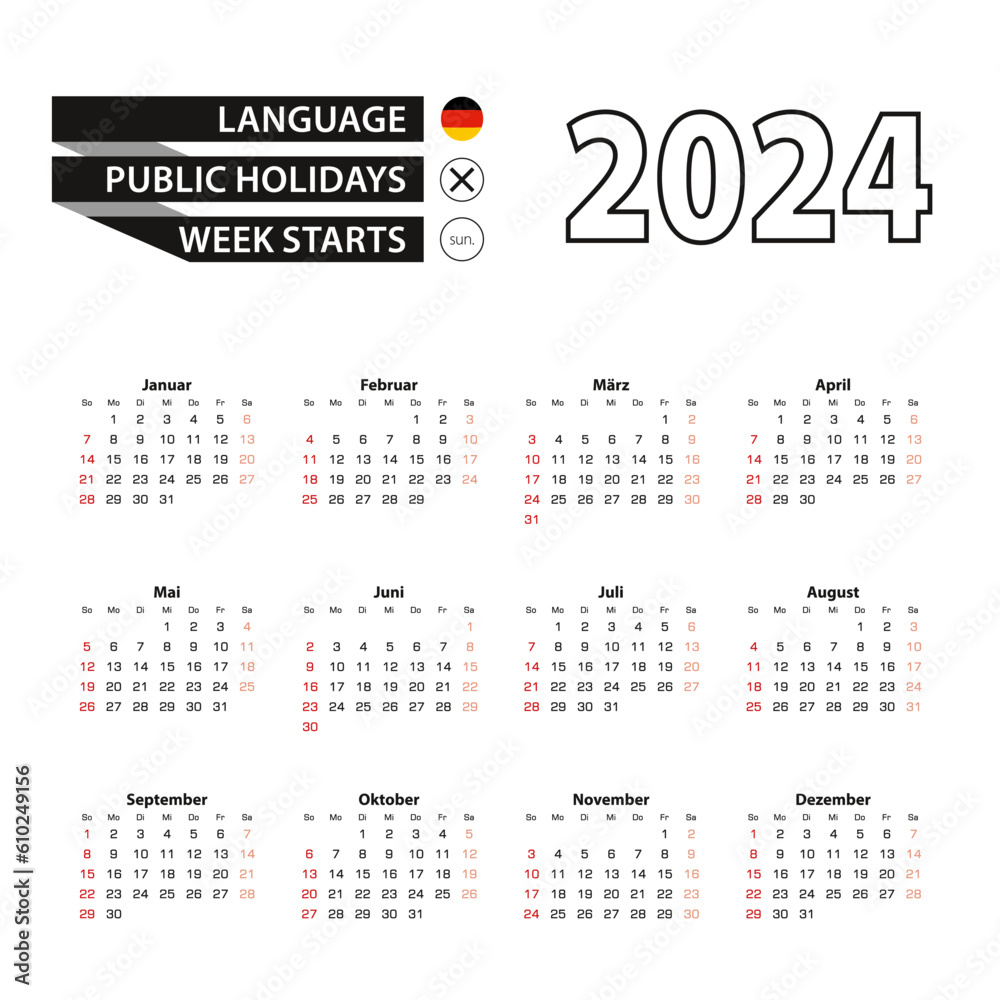 2024 calendar in German language, week starts from Sunday.