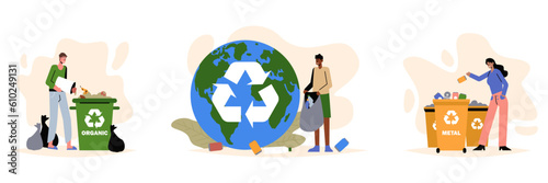 Set of different people sorting organic and metal garbage around world. Help planet, green environment concept. Recycling of various products. Colorful vector illustration in flat design