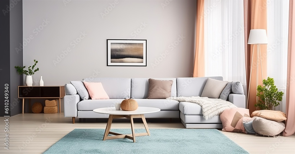 Obraz premium Modern living room interior with sofa and carpet. Generative AI