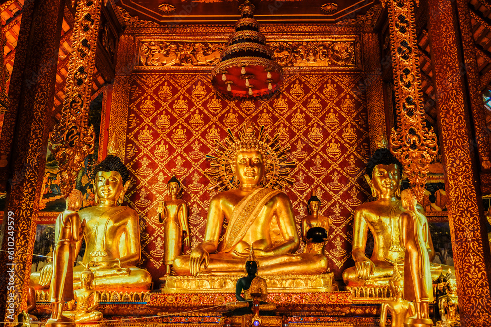 Golden Buddha Statue with Mediation Posture in Thai Temple, Buddhist, Religion