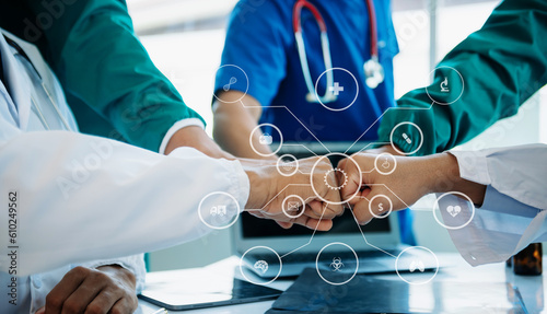 Team Doctors nurses union coordinate hands Teamwork Concept in hospital for success and trust in the teamwork..