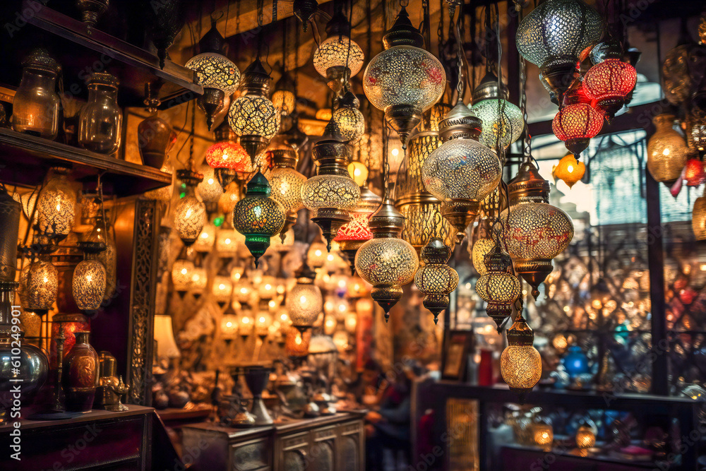 Metal filigree lanterns in a middle east bazaar. Oriental artwork and craft. Created with Generative AI technology.