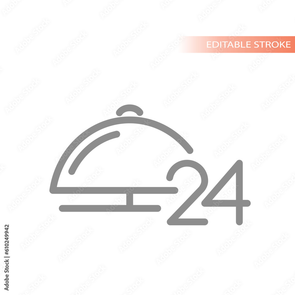 24 hour reception bell line vector icon. Hotel twenty four hours check in service desk outline. 24 hour reception bell line vector icon. Hotel twenty four hours check in service desk outline.