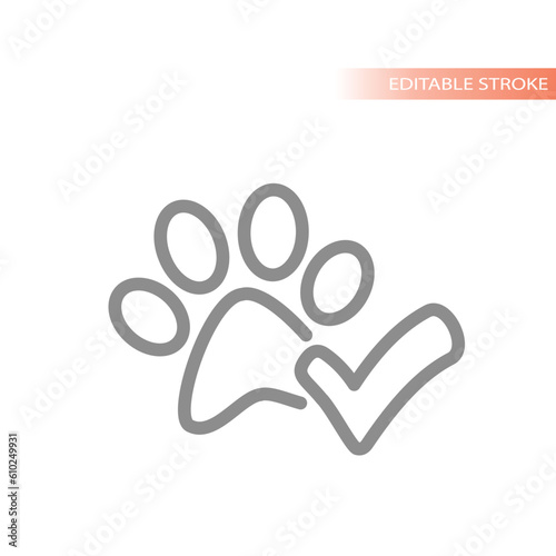 Pets ok, allowed and approved line vector icon. Dog paw print and checkmark, pet outline symbol.
