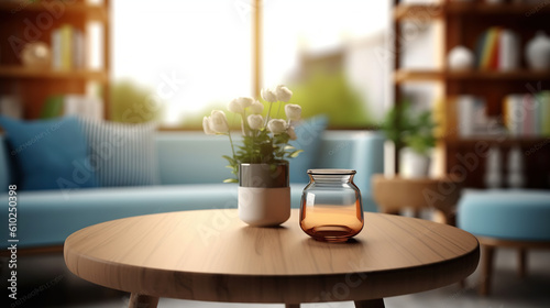 Table view on blur modern living room background for product display. Generative AI