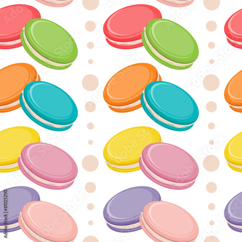 Vector seamless pattern with colorful macaroon cookies, french snack biscuits