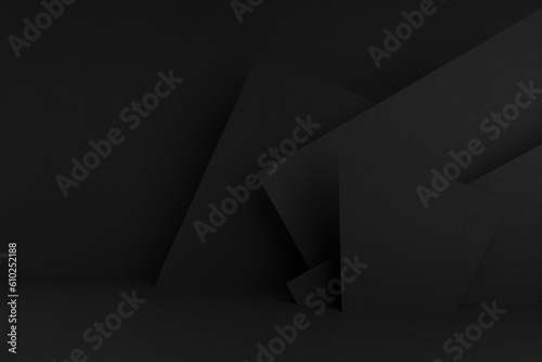 Luxury black stage mockup with abstract geometric pattern of angles, polygons and triangles as relief for presentation cosmetic products, goods, advertising, design in contemporary minimalist style.