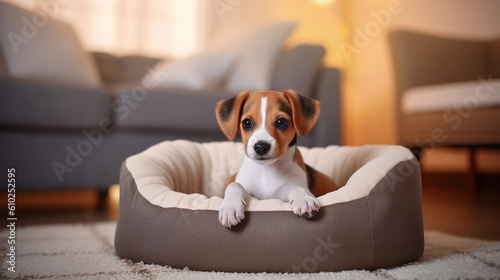Cute funny puppy in dog bed at home. Generative AI