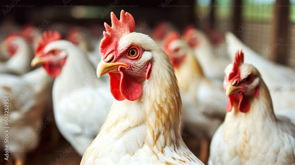 Broiler Chickens Indulge in Nutritious Food at the Poultry Farm. Generative AI