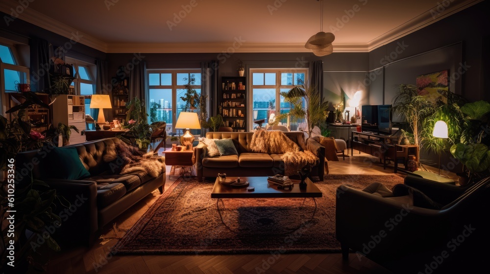 apartment living room at night