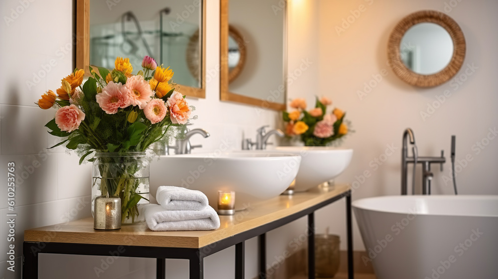 Fototapeta premium Transforming Your Bathroom with Fresh Flowers. Generative AI