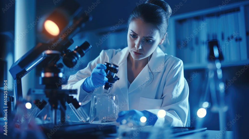 Science, development and microscope with a scientist at work in a laboratory for research or innovation. Science, development and microscope with a scientist at work in a laboratory for research or innovation.
