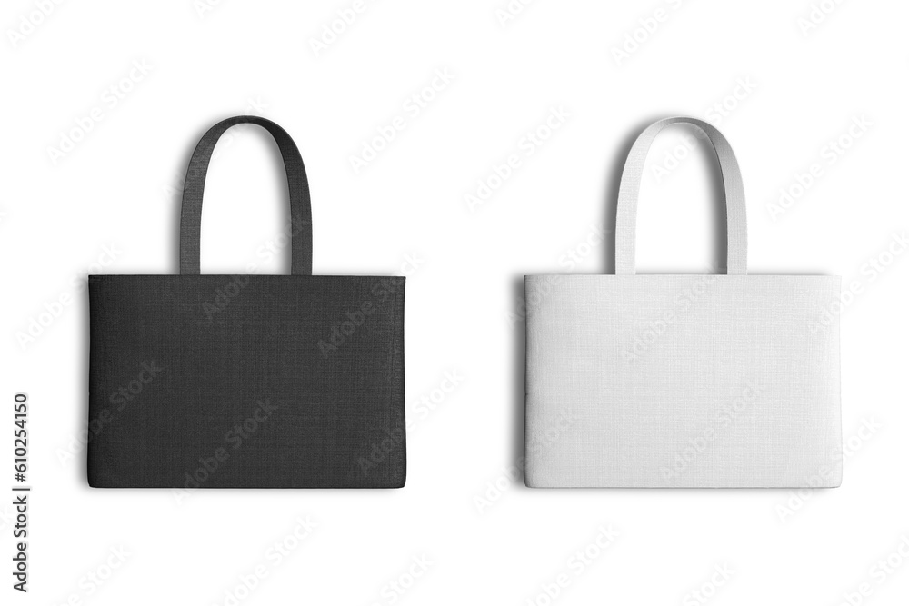 Blank black and white Tote handbag mockup isolated on white background. zero waste and eco friendly concept. 3d rendering. Blank black and white Tote handbag mockup isolated on white background. zero waste and eco friendly concept. 3d rendering.