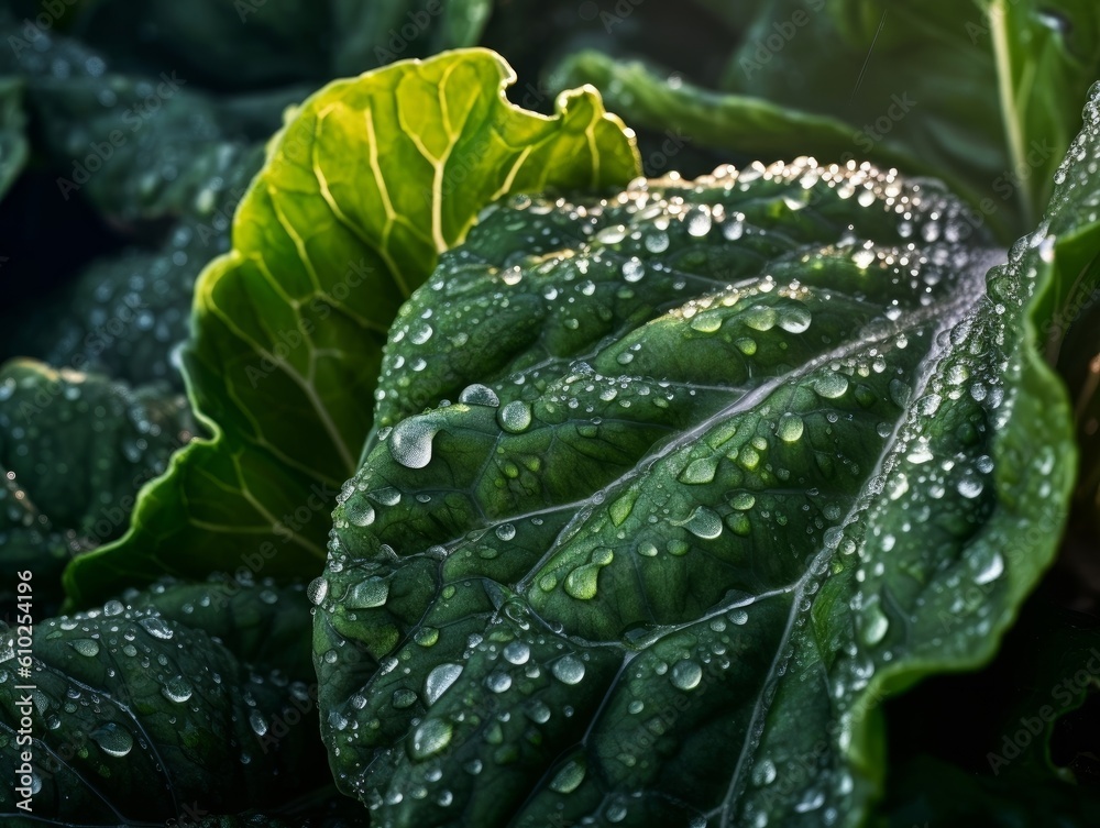 Obraz premium collard greens in a garden with morning dew