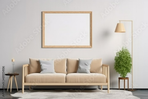 Mockup of one wooden frame on white wall in living room with beige couch, plants. AI Generated.