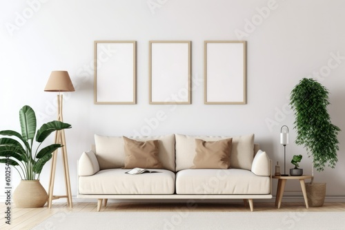 Mockup of three wooden frame on white wall in living room with beige couch, plants. AI Generated.