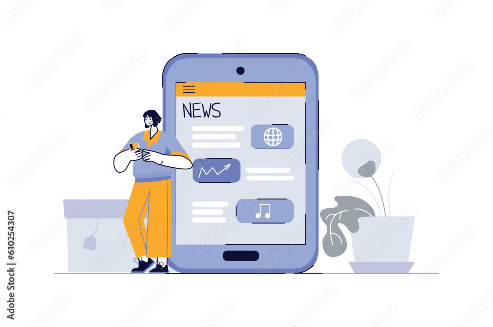 Concept News with people scene in the flat cartoon style. The girl reads the news on the phone. Vector illustration. Concept News with people scene in the flat cartoon style. The girl reads the news on the phone. Vector illustration.