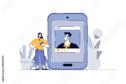 Blogging concept with people scene in the flat cartoon design. A girl follows her favorite blogger and likes his new post. Vector illustration.