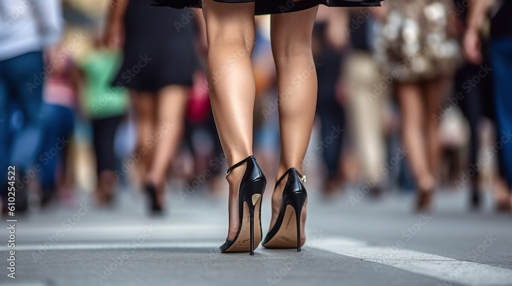 Fototapeta premium Woman feet making step on city street. Female legs and feet with high heels shoes. close-up. Generative AI