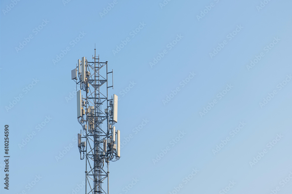 Antenna communication station tower that equipped with 3G and 4G and 5G receivers for distributing internet signal to both electronic connected devices. cell phone, computer and others on sky